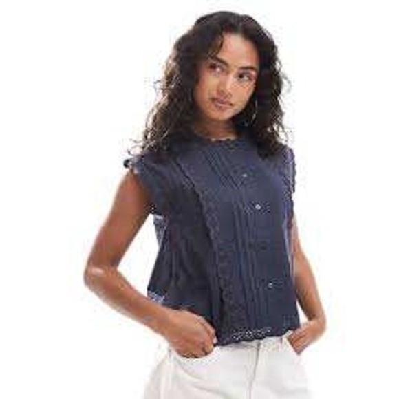 ASOS DESIGN Tops - ASOS DESIGN Navy Black Broderie Eyelet Lace Pintuck Sleeveless Blouse US 8 NEW
